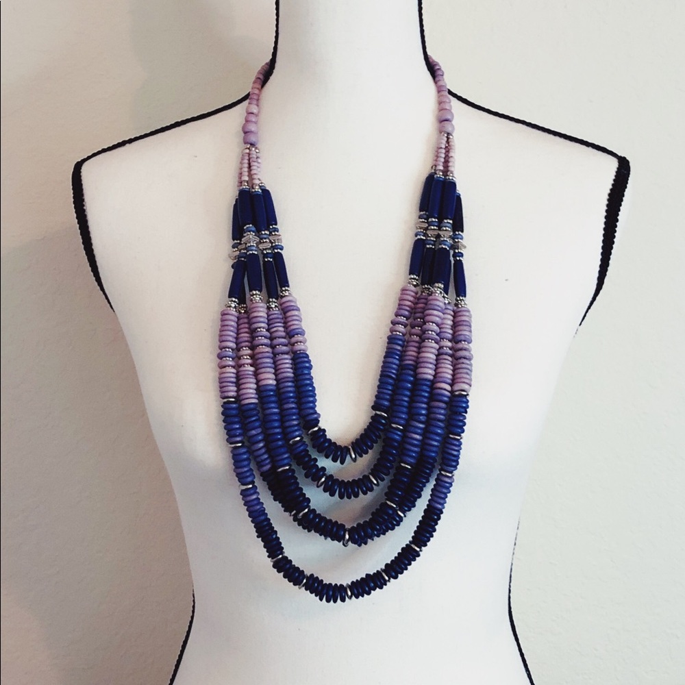 Beaded statement layered blue purple necklace